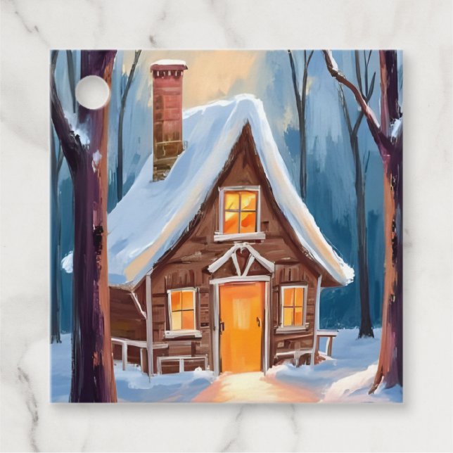 Étiquettes Cadeau Cabane dans les bois enneigés de Noël (Devant)