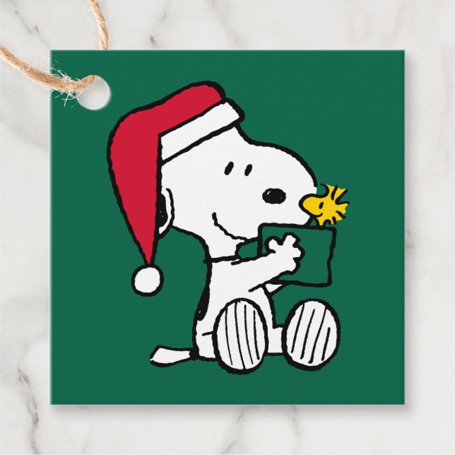 Étiquettes Cadeau cacahuètes | Snoopy Père Noël & Woodstock Cadeau (Devant)