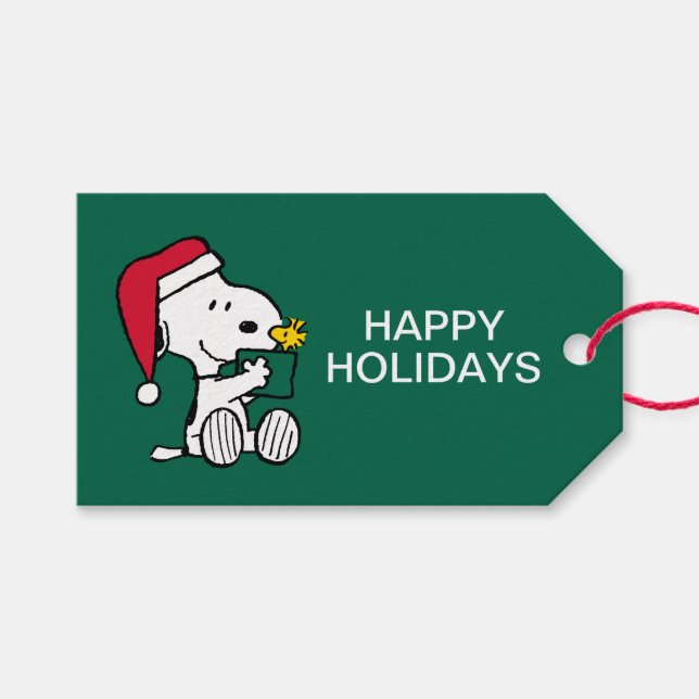 Étiquettes-cadeau cacahuètes | Snoopy Père Noël & Woodstock Cadeau (Devant (Horizontal))