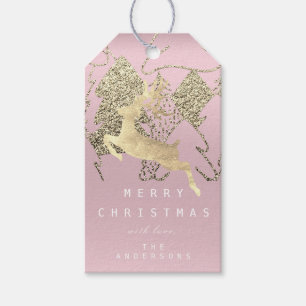 Étiquettes-cadeau Cadeau à l'arbre de Noël rose mauve d'or de renne