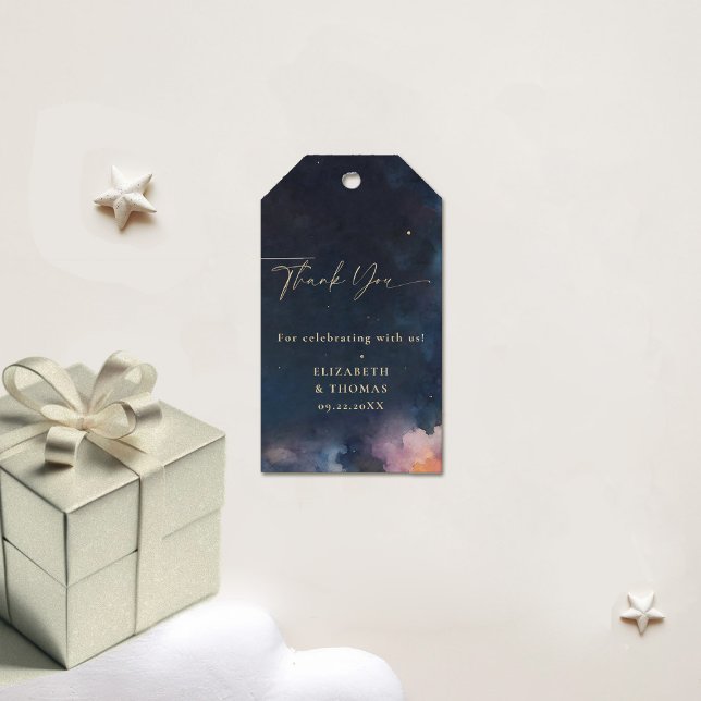 Étiquettes-cadeau Cadeau céleste Midnight Blue Stars Galaxie cosmiqu (celestial gift tag wedding baby bridal shower birthday navy faux gold watercolor moon stars)