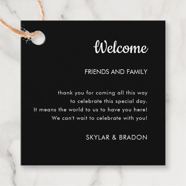 Étiquettes Cadeau Cadeau de bienvenue minimaliste Mariage noir (Devant)