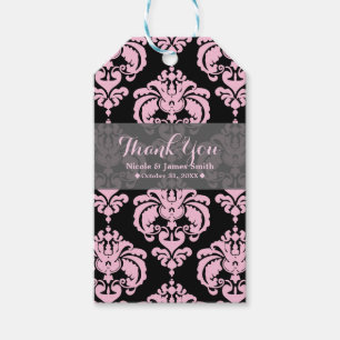Étiquettes-cadeau Cadeau de mariage vintage à damas rose et noir