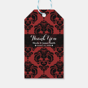 Étiquettes-cadeau Cadeau de mariage vintage en damas noir rouge fonc