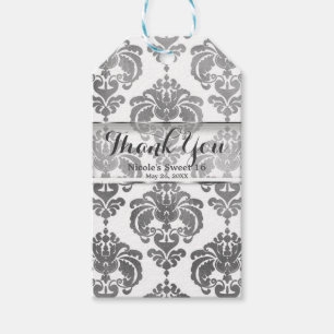 Étiquettes-cadeau Cadeau de mariage vintage en damassé argent et bla