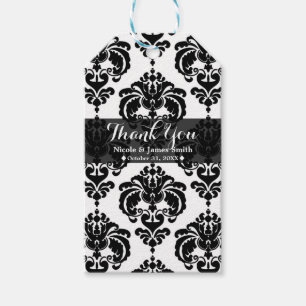 Étiquettes-cadeau Cadeau de mariage vintage en damassé noir et blanc