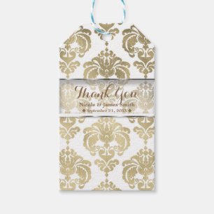 Étiquettes-cadeau Cadeau de mariage vintage en damassé or et blanc