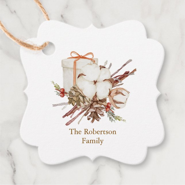 Étiquettes Cadeau Cadeau de Noël avec Bouquet de coton (Devant)