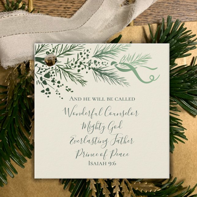 Étiquettes Cadeau Cadeau de Noël en pin moderne personnalisé d'Isaïe (Personalize this Isaiah 9:6 Christmas Bible verse elegant calligraphy script and original greenery.)