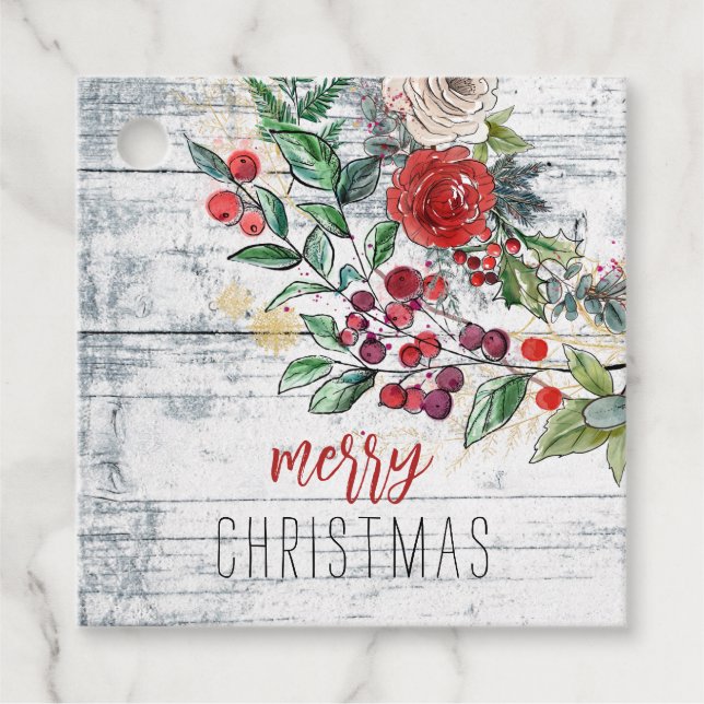 Étiquettes Cadeau Cadeau de Noël Holly Rustic Wood (Devant)