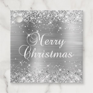 Étiquettes Cadeau Cadeau de Noël scintillant en feuille d'argent