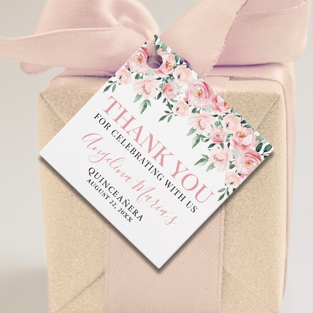 Étiquettes Cadeau Cadeau de Remerciement Rose Foncé Floral pour Quin (Blush Pink Floral Quinceañera Thank You Gift Favor Tags)
