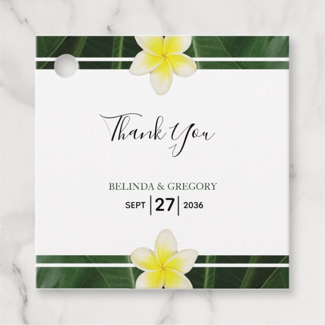 Étiquettes Cadeau Cadeau Mariage Frangipani Plumeria Jaune (Devant)