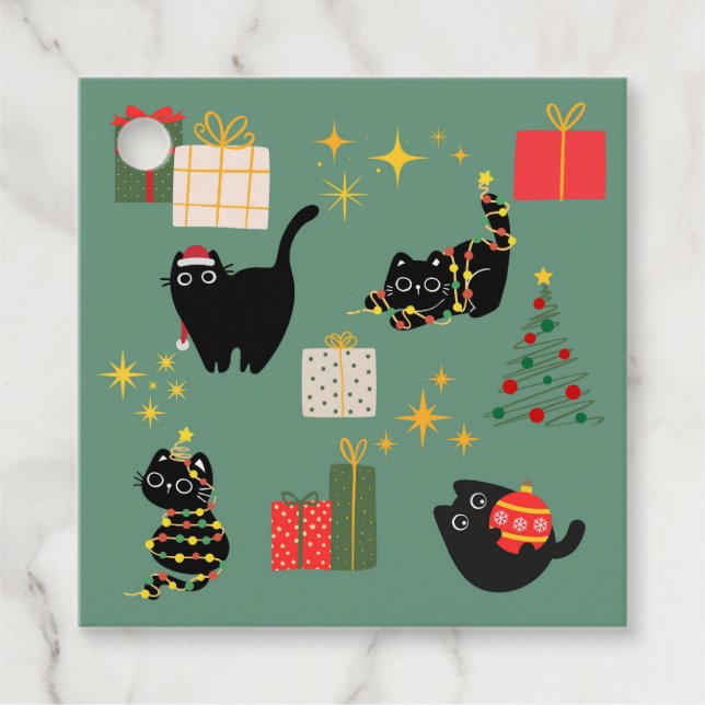 Étiquettes Cadeau Cadeaux de chats noirs de Noël (Devant)