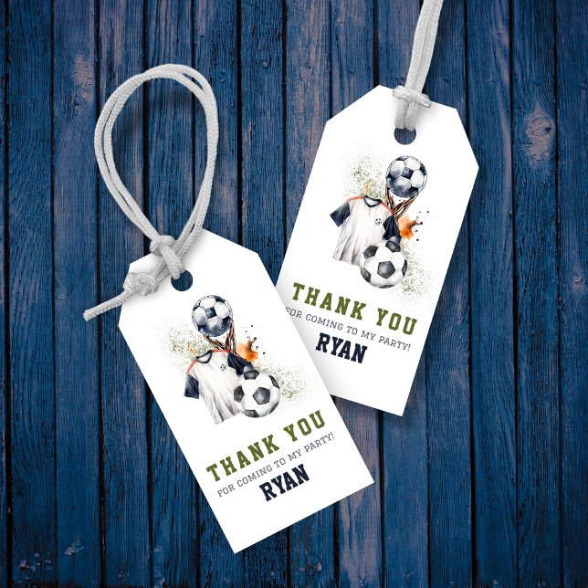 Étiquettes-cadeau Cadeaux de soccer personnalisés pour garçons Anniv (Green Blue Soccer Birthday Party Thank You Favor Tag)