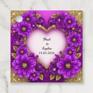 Étiquettes Cadeau Cadre Cœur Violet avec Paillettes et Fleurs
