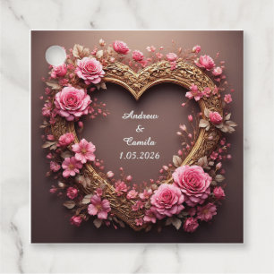 Étiquettes Cadeau Cadre de cœur élégant décoré de roses roses