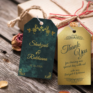 Étiquettes-cadeau Cadre doré orné Vert émeraude Merci Mariage