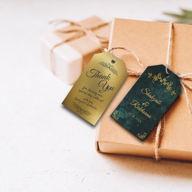 Étiquettes-cadeau Cadre doré orné vert émeraude remerciement mariage (Créateur téléchargé)