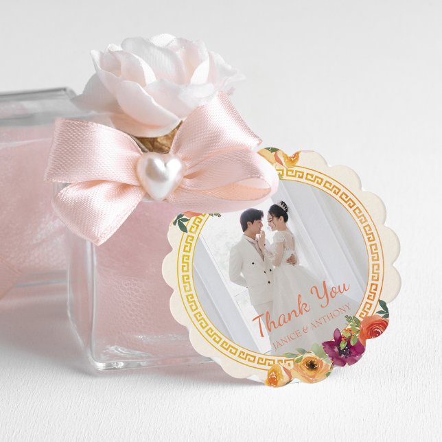 Étiquettes Cadeau Cadre floral couple photo mariage beige merci (Créateur téléchargé)