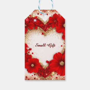 Étiquettes-cadeau Cadre floral rouge en forme de cœur avec paillette
