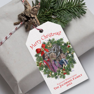 Étiquettes-cadeau Cadre photo en couronne mignonne Joyeux Noël