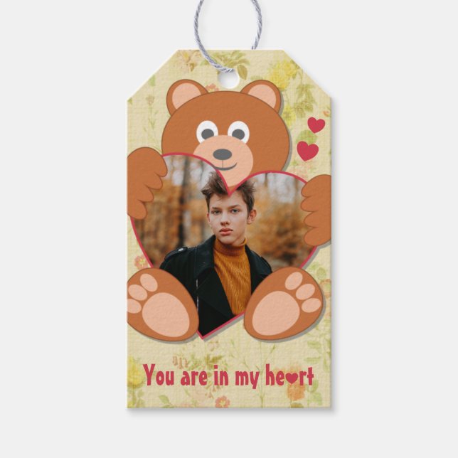 Étiquettes-cadeau Cadre photo moderne mignon jaune Teddy Ours Coeur (Devant)