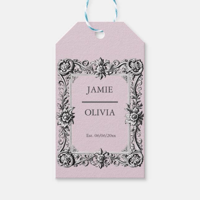 Étiquettes-cadeau cadre victorien personnalisé rose pâle - mariage (Devant)