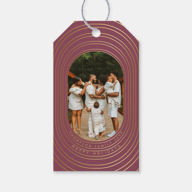 Étiquettes-cadeau Cadres Ovale Or Photo Personnalisée Famille Noël (Devant)