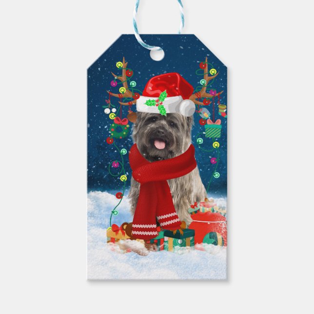 Étiquettes-cadeau Cairn Terrier Chien en neige avec cadeaux de Noël (Devant)