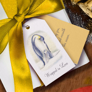 Étiquettes-cadeau Câlin de manchot dans la neige à l'aquarelle Noël