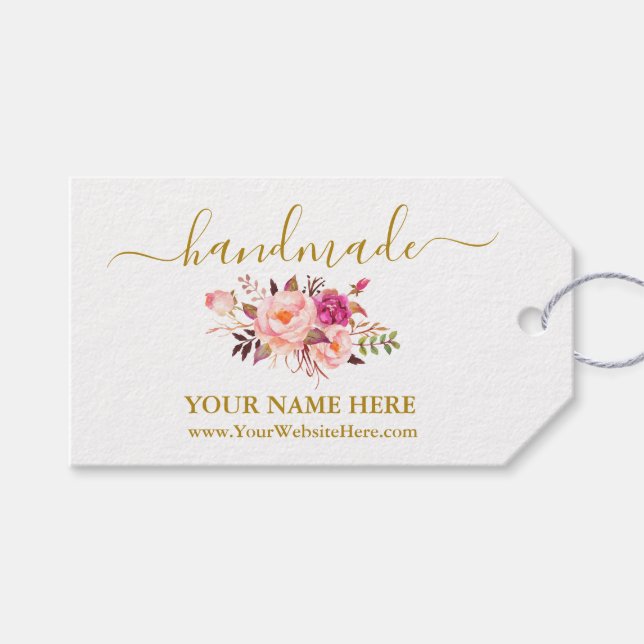 Étiquettes-cadeau Calligraphie Aquarelle artisanale rose Floral Or (Devant (Horizontal))