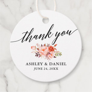 Étiquettes Cadeau Calligraphie Corail Floral Mariage Remerciements
