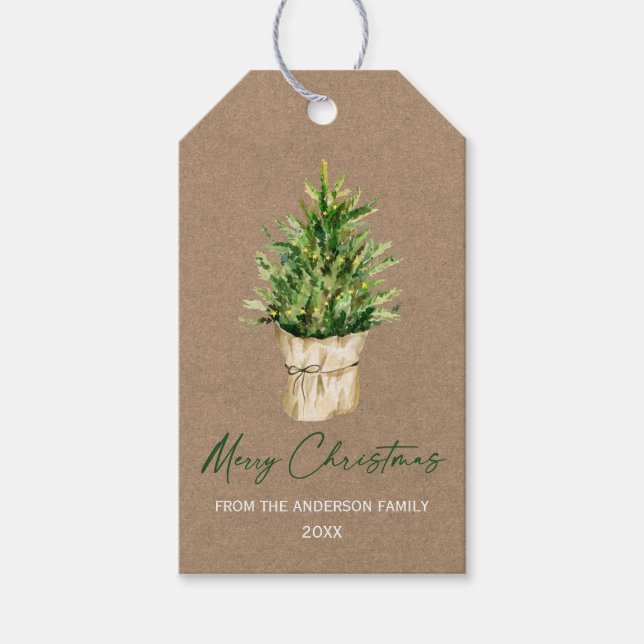 Étiquettes-cadeau Calligraphie Encre Aquarelle Arbre Kraft Minimalis (Devant)