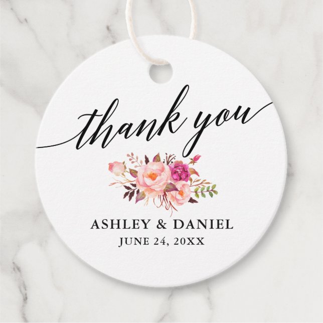 Étiquettes Cadeau Calligraphie Mariage rose Floral Merci (Devant)