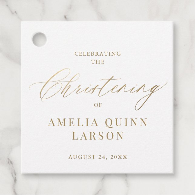 Étiquettes Cadeau Calligraphie Or Simple Elegant Script Christening (Devant)