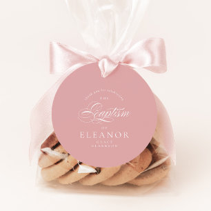 Étiquettes Cadeau Calligraphie rose Élégante Baptême Merci