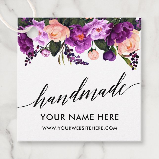 Étiquettes Cadeau Calligraphie Script violet Floral fait main (Devant)