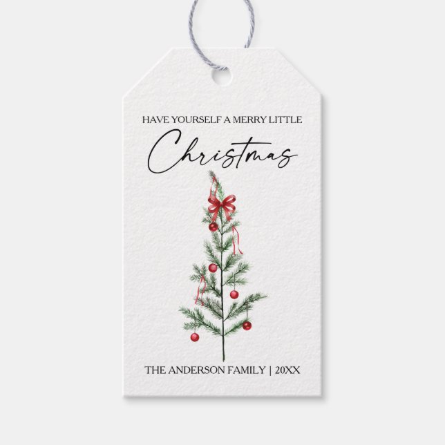 Étiquettes-cadeau Calligraphy Watercolor Christmas Tree Red Bow (Devant)