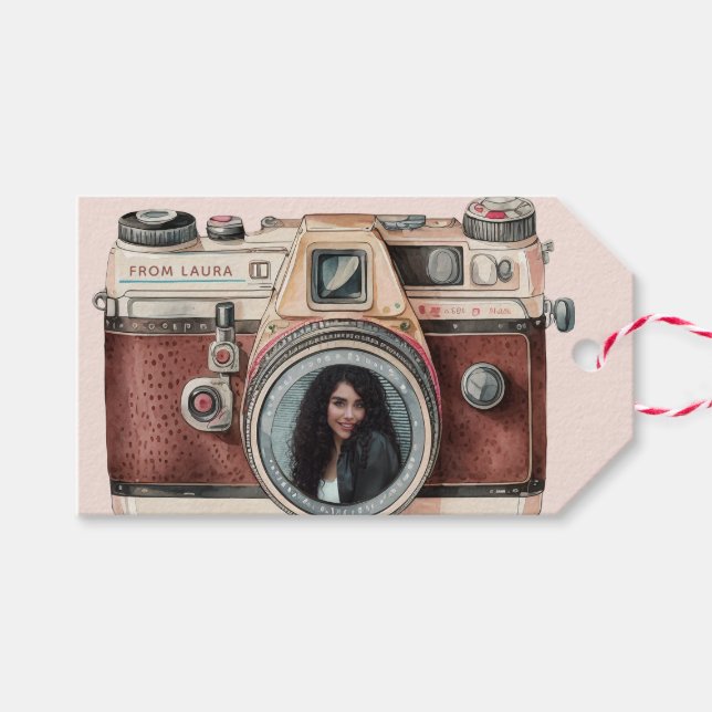 Étiquettes-cadeau Caméra vintage avec photo (Devant (Horizontal))