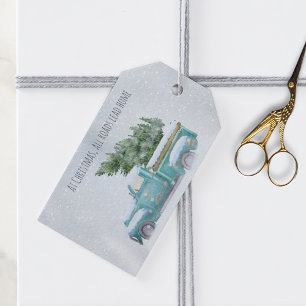 Étiquettes-cadeau Camion bleu vintage avec sapin de Noël