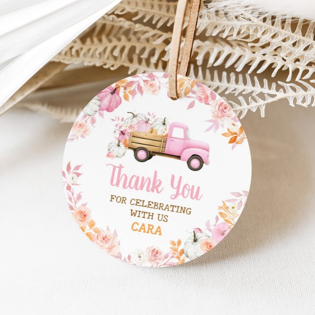 Étiquettes Cadeau Camion Citrouille rose Automne Anniversaire (Girl Pumpkin Truck Fall Birthday Round Favor Tags)
