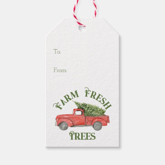 Étiquettes-cadeau Camion de Noël Rouge Ferme Arbres frais (Devant)