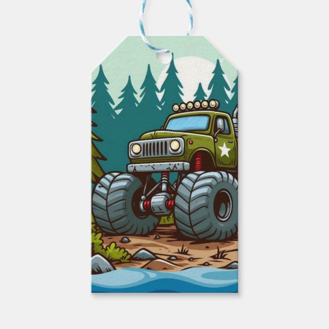 Étiquettes-cadeau Camion Monster Vert dans la forêt (Devant)