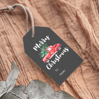 Étiquettes-cadeau Camion rouge et arbre | Gray Joyeux Nom de Noël