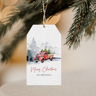 Étiquettes-cadeau Camionnette rouge aquarelle rustique Noël d'hiver