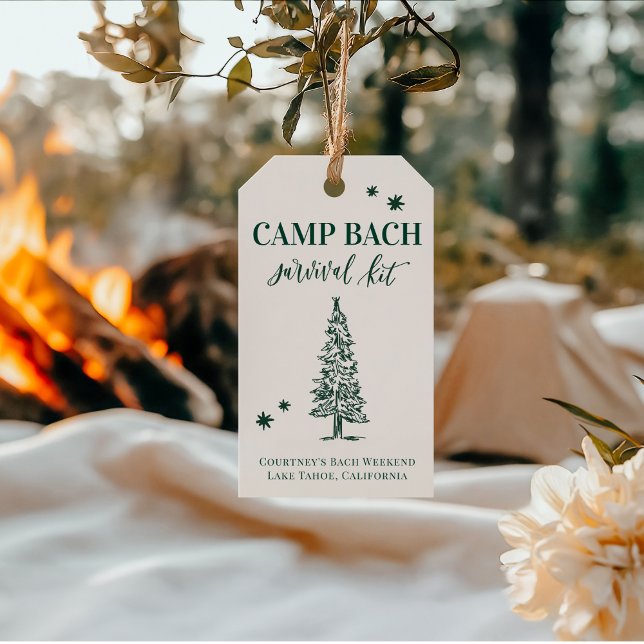 Étiquettes-cadeau CAMP BACH - Dernier sentier avant le voile (CAMP BACH Survival Kit Tag | Rustic Forest Design for Bachelorette Trip Favors | Lake Tahoe Theme)
