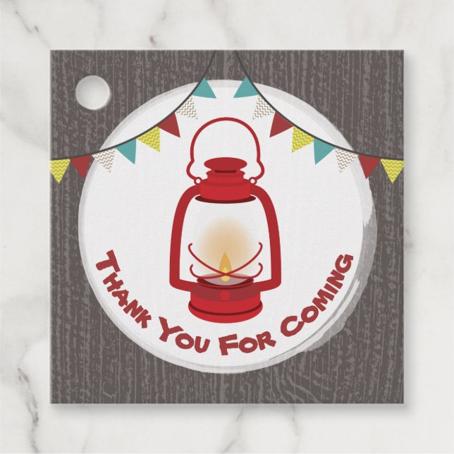 Étiquettes Cadeau Camping Red Lantern Bois fête d'anniversaire (Devant)