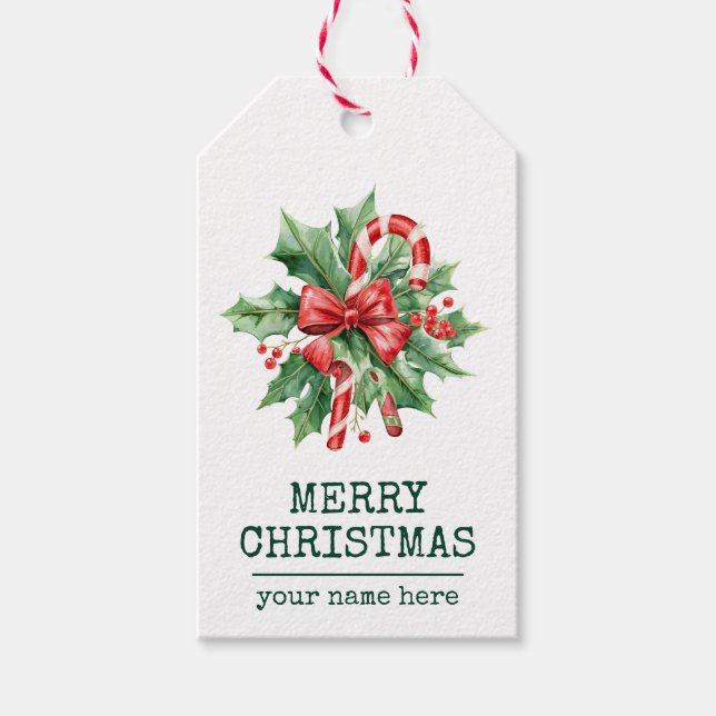 Étiquettes-cadeau Candy Cane Joyeux Noël Texte personnalisé Vert fon (Devant)