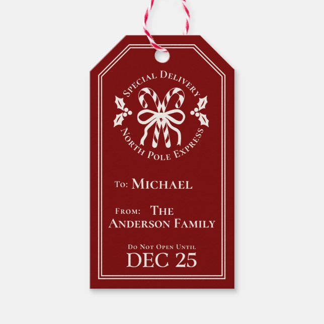 Étiquettes-cadeau Candy Cane North Pole Express Special Delivery (Devant)